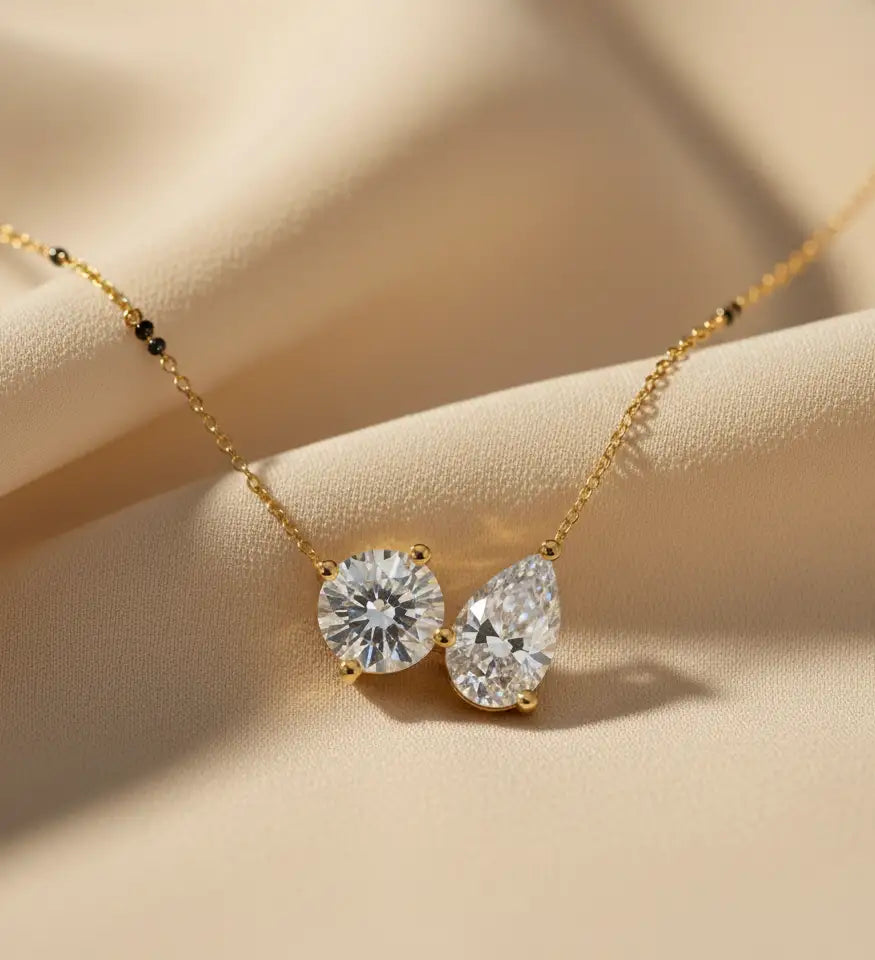1.8 ct lab grown round and pear shape toi et moi solitaire mangalsutra